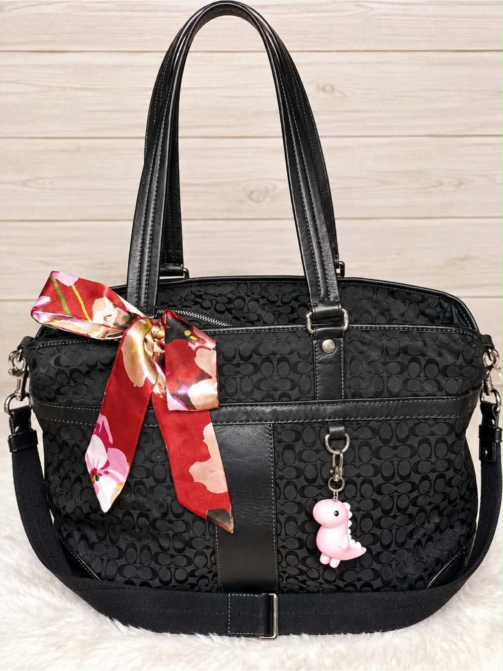 Coach Black diaper bag micro fiber with Red Floral Scarf Accent